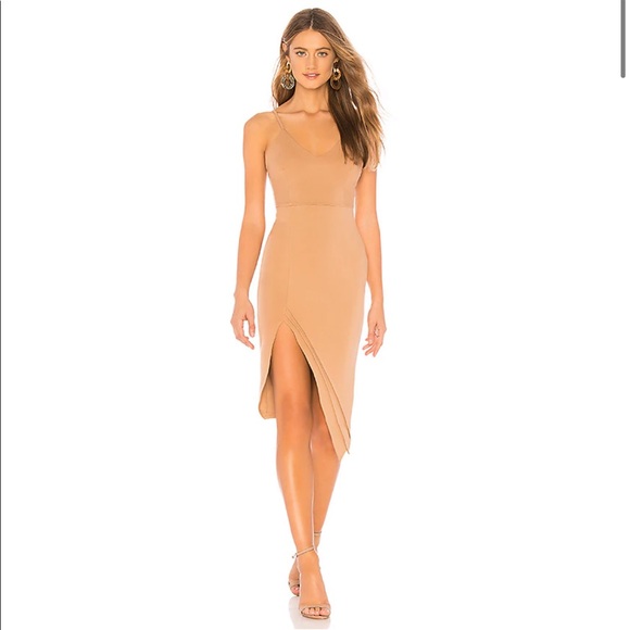 superdown Dresses & Skirts - Superdown Tan Asymmetrical Bodycon Midi Dress M